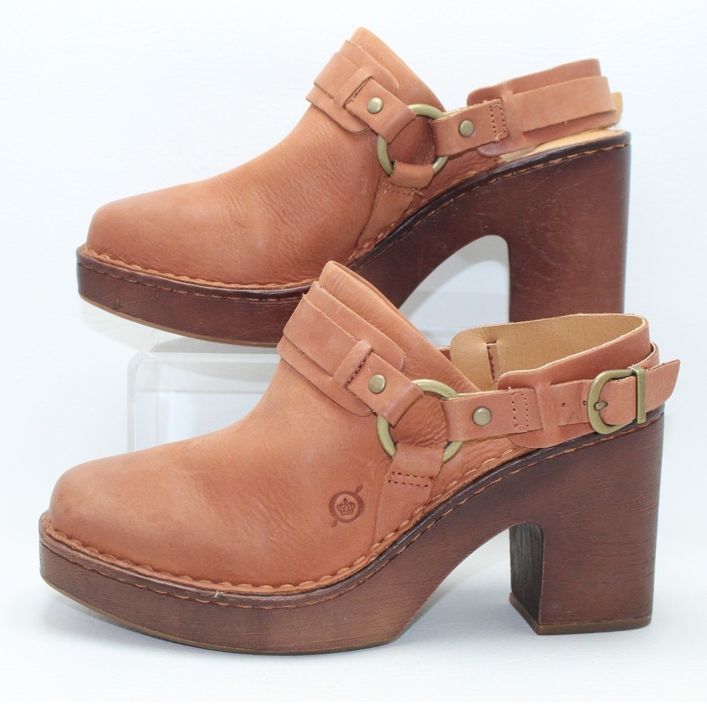 Born Brown Leather Harness Platform Clogs Slingback Block Heel Mules 8M